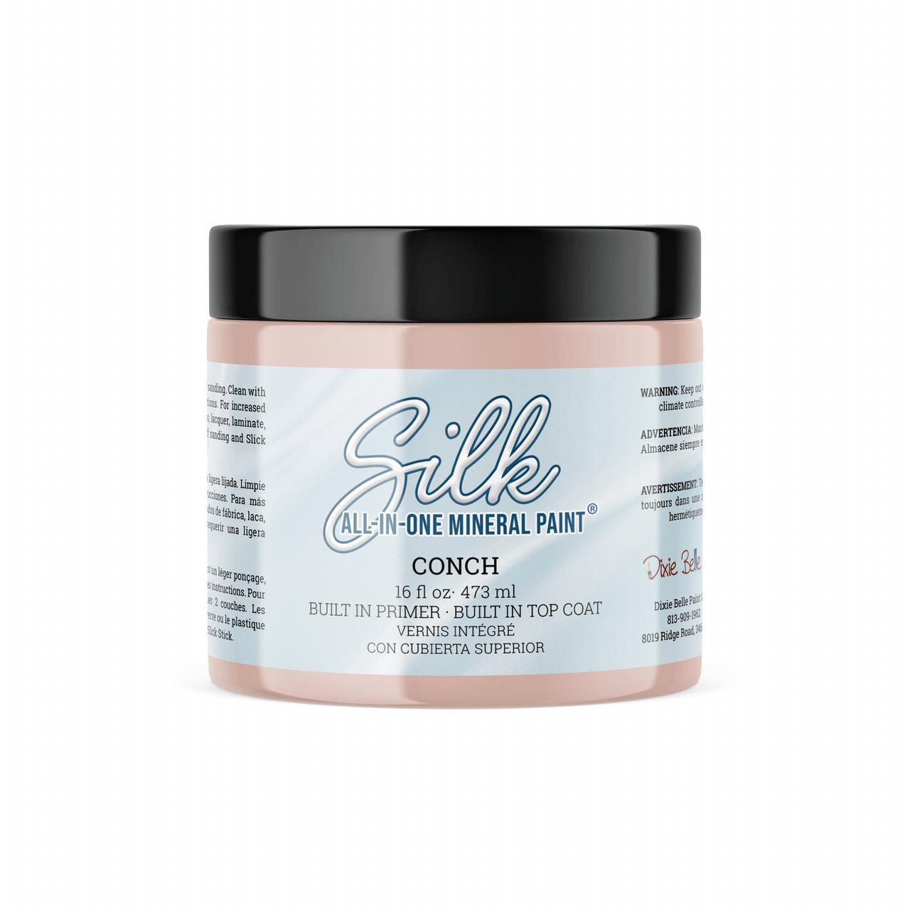 Conch Silk All-In-One paint is perfect for painting kitchen cabinets, bathroom cabinets and painting furniture
This is a picture of the paint.  The label reads, "Silk all-in-one-mineral paint.  Conch  16 oz - 473 ML