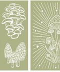 Image of Cottagecore Mushrooms Silkscreen Stencil. One sheet has 4 different types of mushrooms grouped together, such as, button mushrooms, oysters, enoki, and morels. The other sheet has a group of 11 tall skinny mushrooms with lines and stars shooting out from the center.