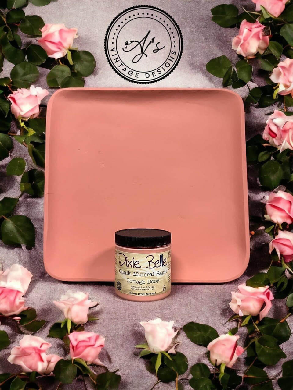 Wooden tray painted with Cottage Door Chalk Mineral Paint. Staged with roses surrounding the wooden tray and paint jar.