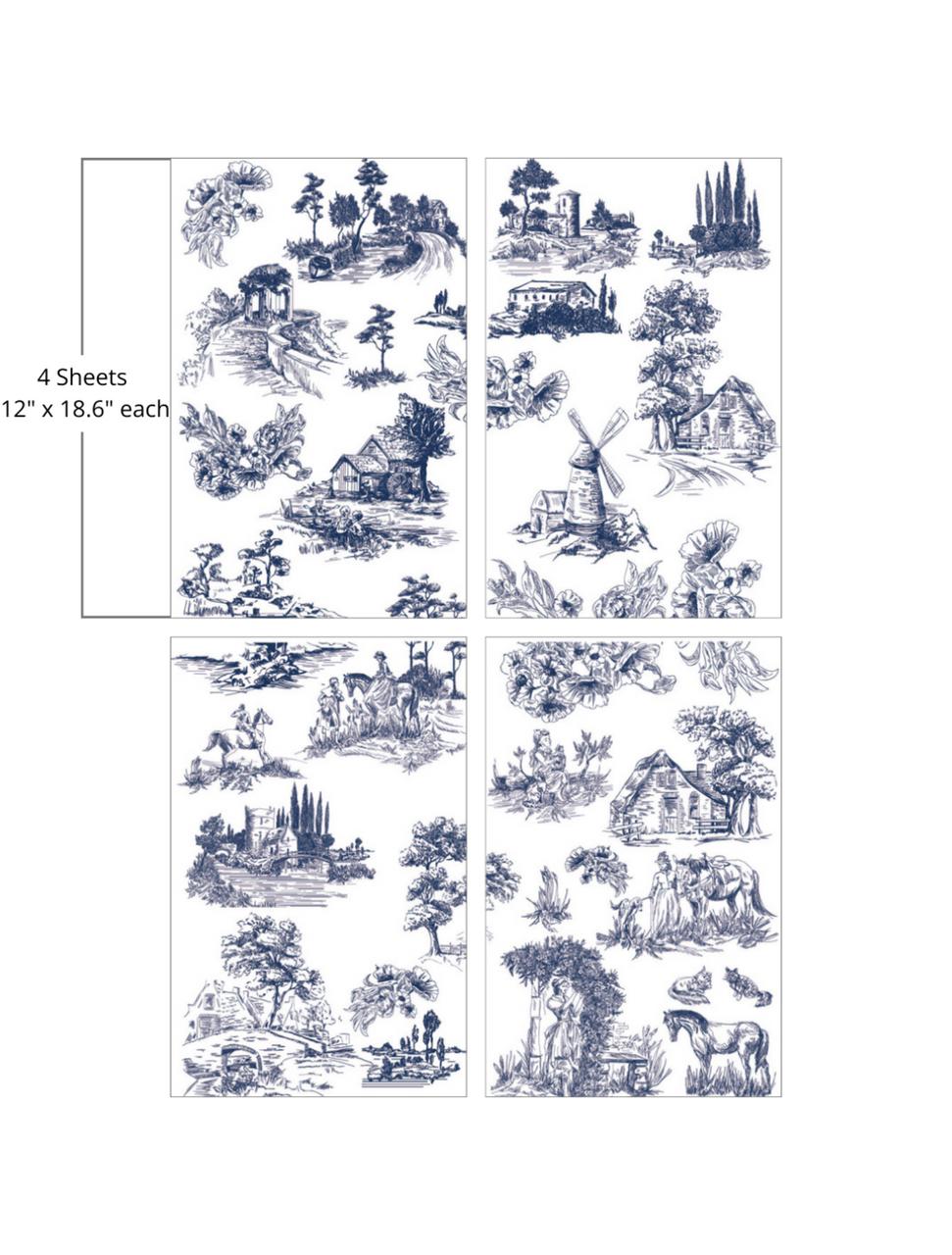 A collage of various blue and white pastoral scenes featuring countryside landscapes, farms, windmills, and floral motifs, all depicted in a detailed, traditional illustration style. "4 Sheets- 12 in. x 18.6 in. each"