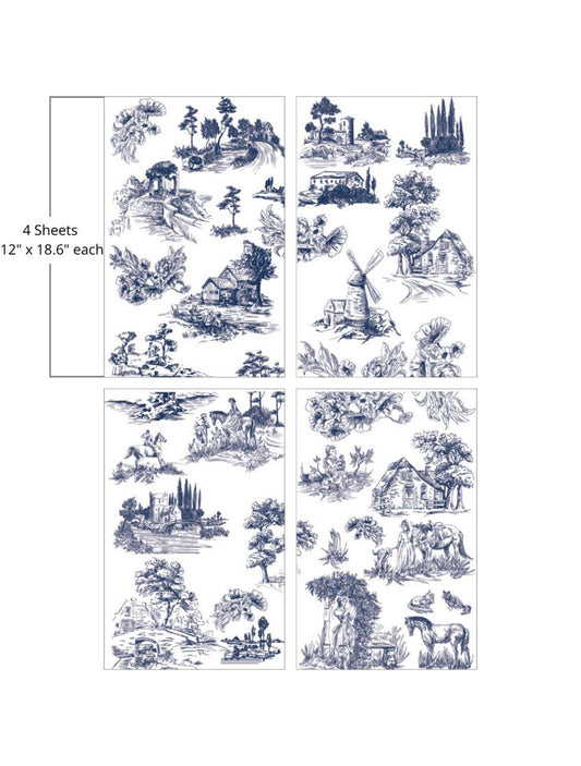 A collage of various blue and white pastoral scenes featuring countryside landscapes, farms, windmills, and floral motifs, all depicted in a detailed, traditional illustration style. "4 Sheets- 12 in. x 18.6 in. each"