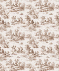 Seamless toile de Jouy pattern in sepia tones, depicting pastoral scenes with people, trees, cottages, boats, and birds, repeating across a cream background.