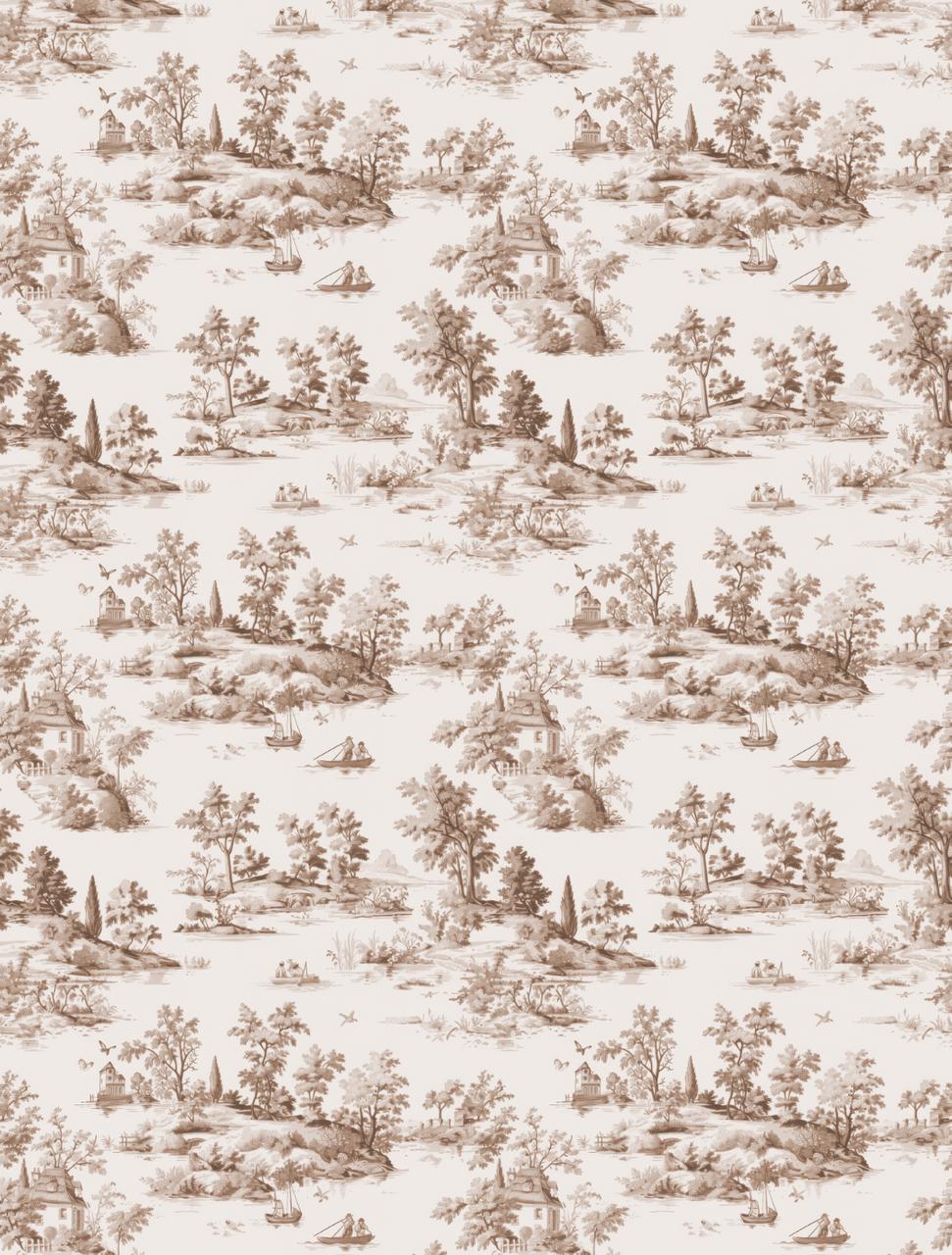 Seamless toile de Jouy pattern in sepia tones, depicting pastoral scenes with people, trees, cottages, boats, and birds, repeating across a cream background.