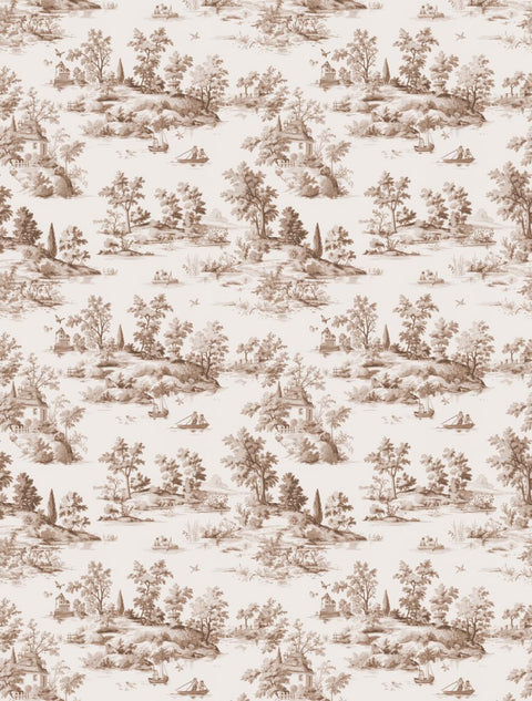 Seamless toile de Jouy pattern in sepia tones, depicting pastoral scenes with people, trees, cottages, boats, and birds, repeating across a cream background.