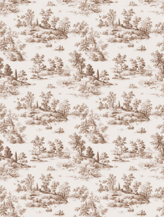 Seamless toile de Jouy pattern in sepia tones, depicting pastoral scenes with people, trees, cottages, boats, and birds, repeating across a cream background.