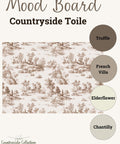 Mood board titled "Countryside Toile" featuring a pastoral toile fabric design in brown on cream, alongside four color swatches labeled Truffle, French Villa, Elderflower, and Chantilly.