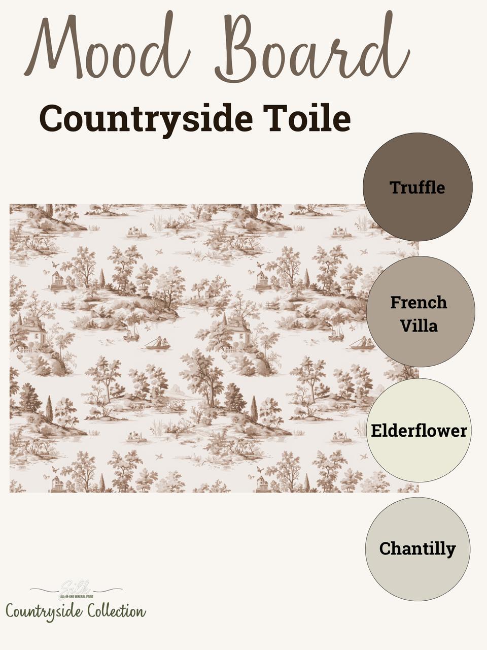 Mood board titled "Countryside Toile" featuring a pastoral toile fabric design in brown on cream, alongside four color swatches labeled Truffle, French Villa, Elderflower, and Chantilly.