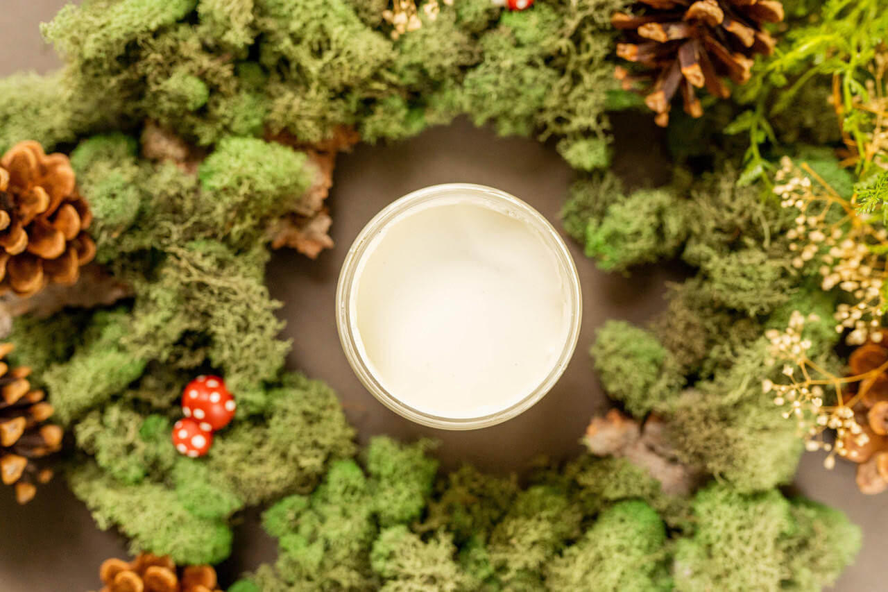 Overhead shot of Cucumber Ice paint jar. Staged with moss, pinecones, and mushrooms around it.