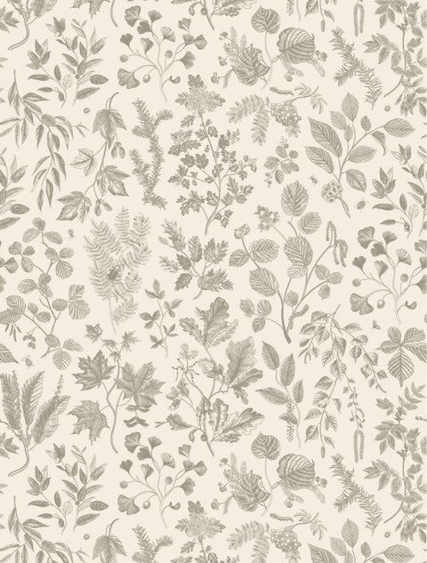Patterned decoupage paper with intricate botanical illustrations in shades of greyish green. Various types of leaves and plants are arranged in a repeating design on a beige background, creating a vintage and delicate appearance.