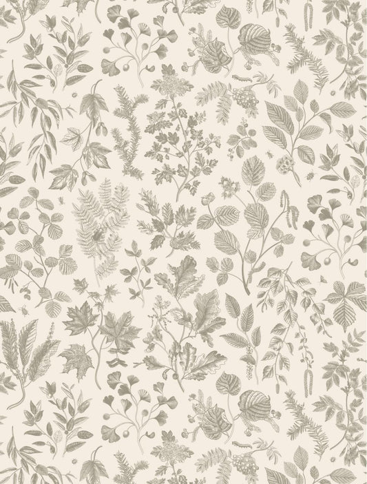 Patterned decoupage paper with intricate botanical illustrations in shades of greyish green. Various types of leaves and plants are arranged in a repeating design on a beige background, creating a vintage and delicate appearance.