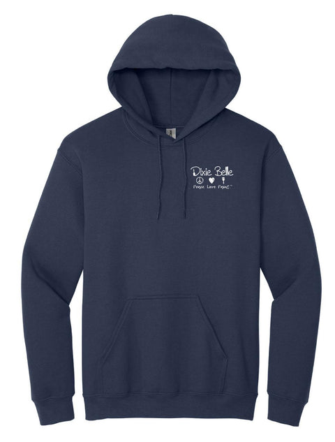 A navy blue hoodie with a front pocket and a small white â€œDixie Belle Peace Love Paintâ€ graphic and icons on the upper left chest. The hoodie has drawstrings and a relaxed fit.