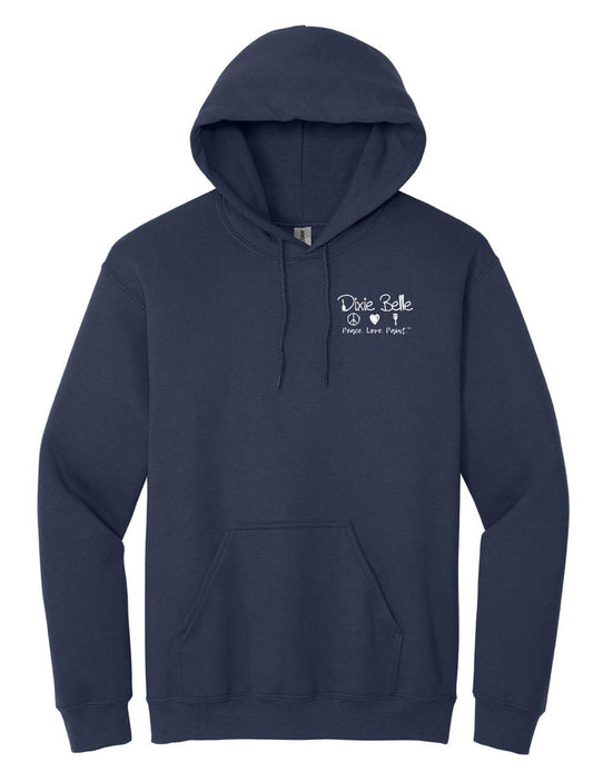A navy blue hoodie with a front pocket and a small white â€œDixie Belle Peace Love Paintâ€ graphic and icons on the upper left chest. The hoodie has drawstrings and a relaxed fit.