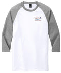A long-sleeve baseball-style t-shirt with heather gray sleeves and a white body. There is a small red and blue logo with text on the left chest area.
