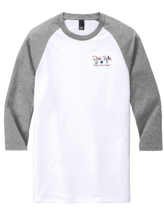 A long-sleeve baseball-style t-shirt with heather gray sleeves and a white body. There is a small red and blue logo with text on the left chest area.