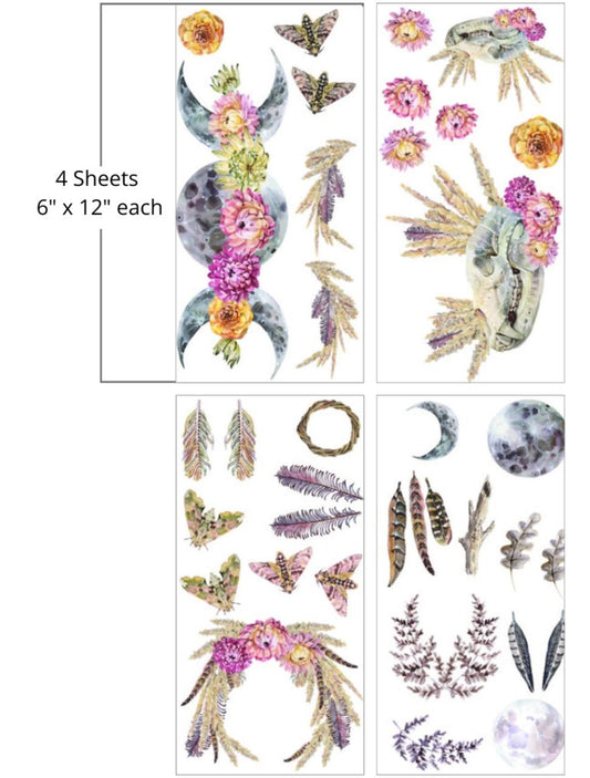 An assortment of whimsical botanical and celestial illustrations including flowers, moons, feathers, and butterflies in soft pastel colors. Along with animal skulls, moths, and wreaths. "4 Sheets. 6 in. x 12 in. each"