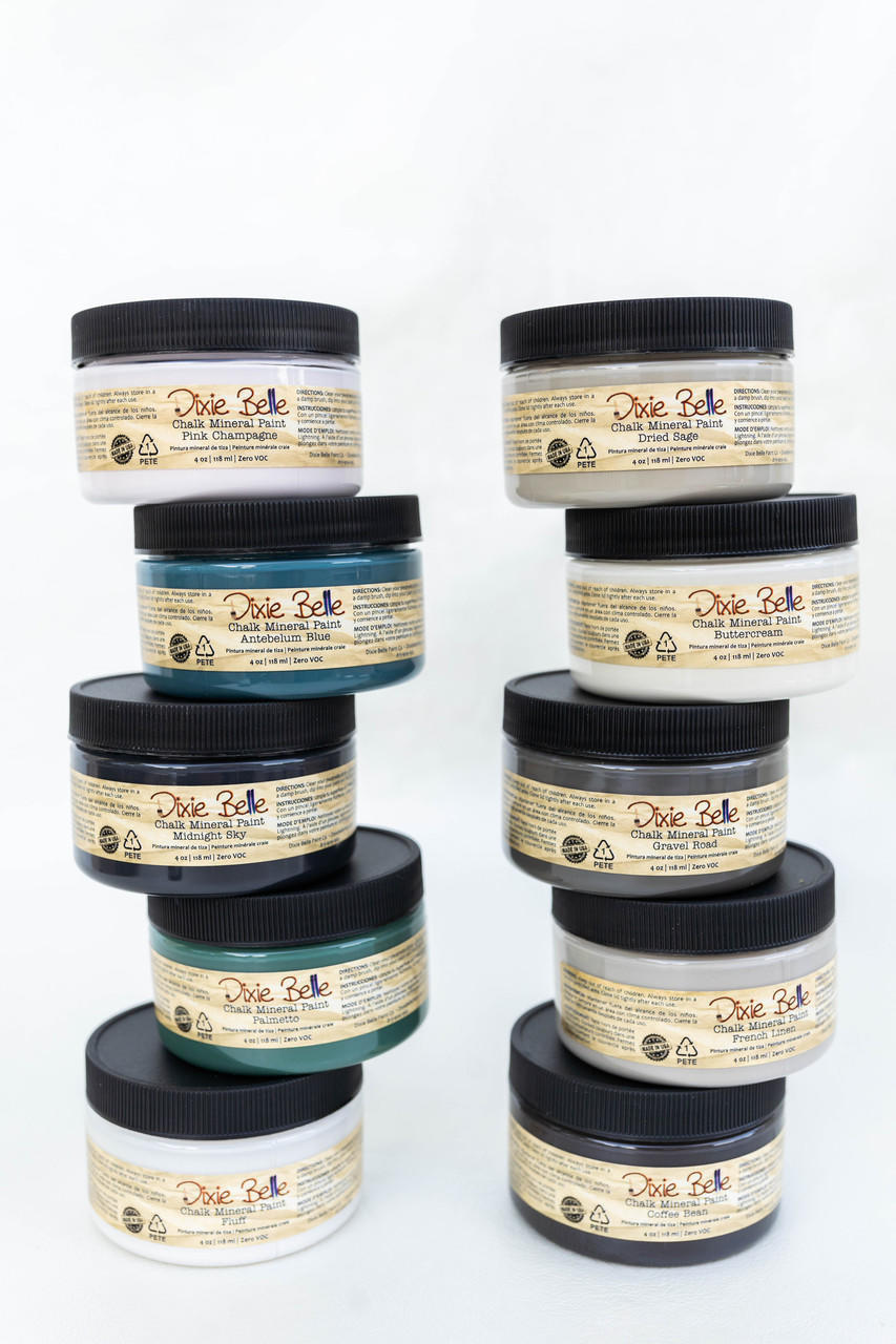 Dixie Belle Paint 4 oz All 64 Colors - Package - Various 4oz Dixie Belle Chalk Mineral Paints stacked against a white background.