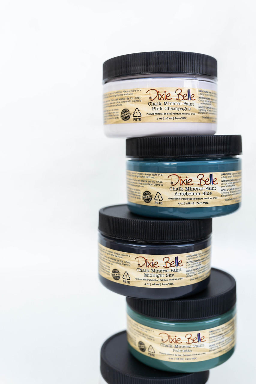 Dixie Belle Paint 4 oz All 64 Colors - Package - Various 4oz Dixie Belle Chalk Mineral Paints stacked against a white background.