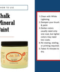Dixie Belle Paint Antebellum Blue Chalk Mineral Paint is the perfect paint for any DIY project! How to Use Chalk Mineral Paint. 1. Clean with White Lightning. 2. Dampen your brush and paint. 3. Darker colors usually only need one coat, but lighter colors may need two coats. 4. No waxing, sealing, or priming required. 5. Takes 15 minutes to dry.