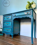Dixie Belle Paint Antebellum Blue Chalk Mineral Paint is the perfect paint for any DIY project! Desk painted with Antebellum Blue Chalk Mineral Paint and stenciled with pink dragonflies.