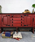 Dixie Belle Paint Barn Red Chalk Mineral Paint is the perfect paint for any DIY project! Red chalk painted buffet with black glaze to accentuate the designs.