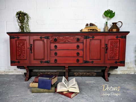 Dixie Belle Paint Barn Red Chalk Mineral Paint is the perfect paint for any DIY project! Red chalk painted buffet with black glaze to accentuate the designs.