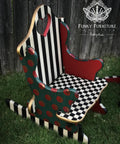 Dixie Belle Paint Barn Red Chalk Mineral Paint  is the perfect paint for any DIY project! A Childs rocking chair chalk painted with a whimsical flare. Red Chalk Paint, black and white checkerboard chalk paint and green chalk paint with Barn Red chalk painted circles.