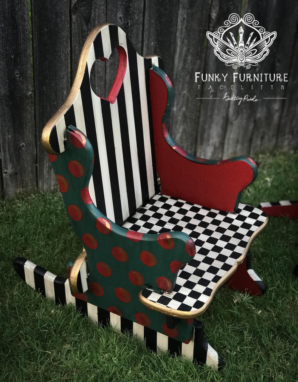 Dixie Belle Paint Barn Red Chalk Mineral Paint  is the perfect paint for any DIY project! A Childs rocking chair chalk painted with a whimsical flare. Red Chalk Paint, black and white checkerboard chalk paint and green chalk paint with Barn Red chalk painted circles.