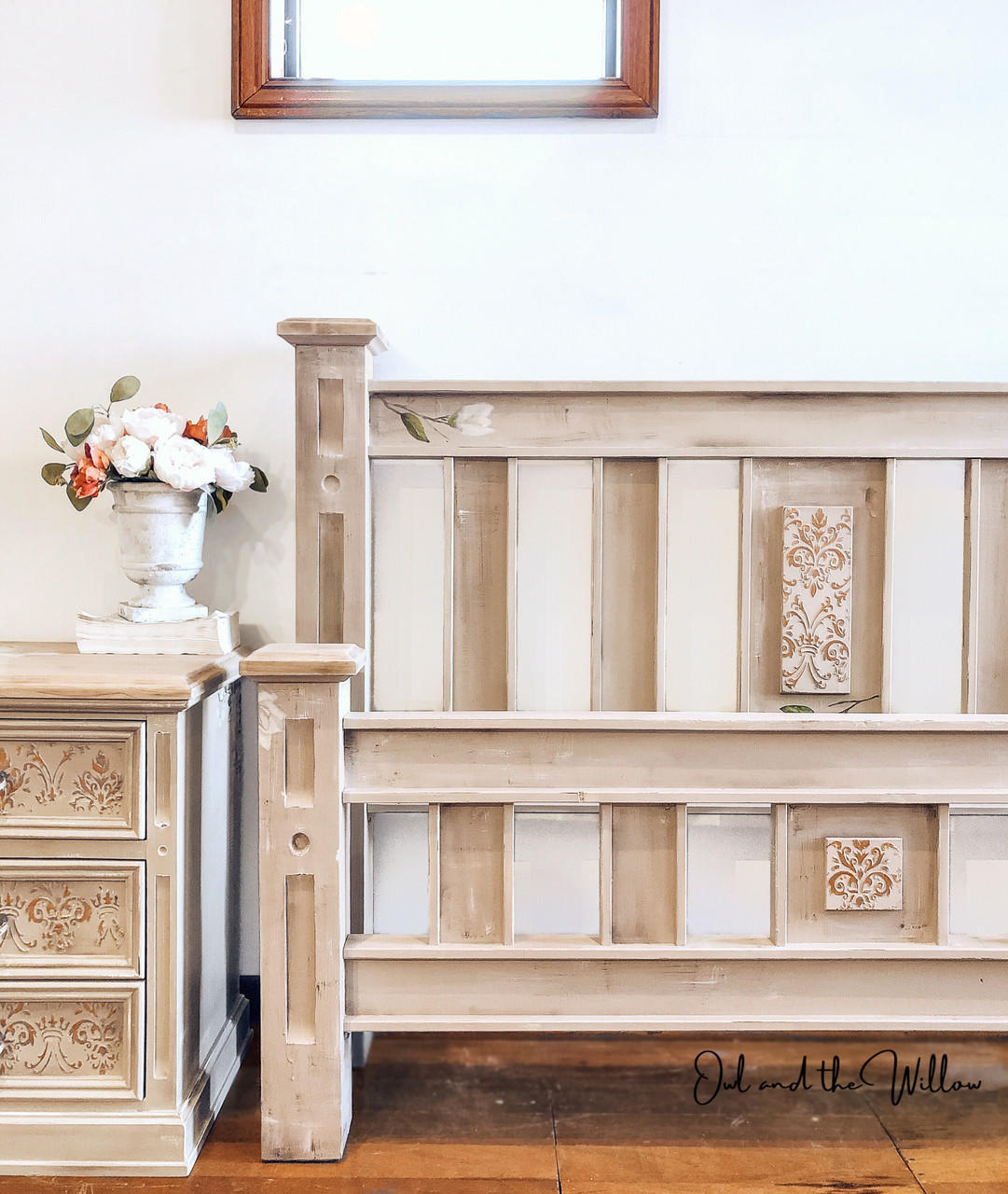 Dixie Belle Paint Burlap Chalk Mineral Paint is the perfect paint for any DIY project!
A matching bed frame set with a matching bedside table painted in Burlap Chalk Mineral Paint with the Royal Damask - Stencil in the center of both and on the drawers of the table.