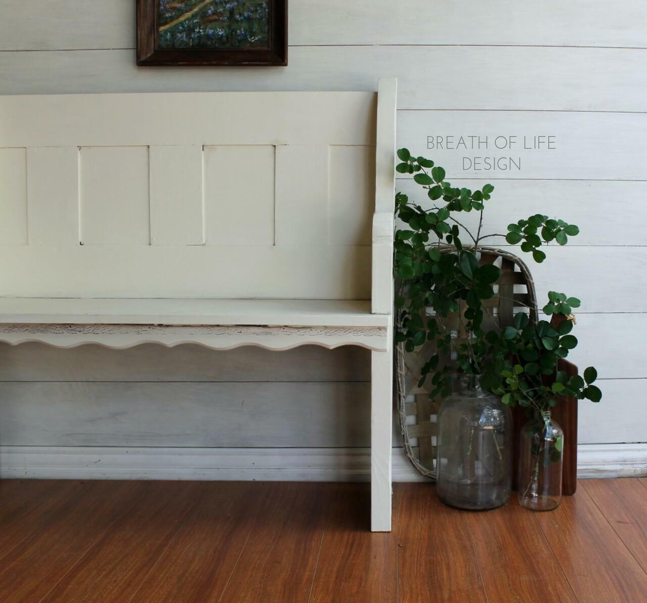 Dixie Belle Paint Buttercream Chalk Mineral Paint is the perfect paint for any DIY project!
Entryway bench painted in Buttercream Chalk Mineral Paint staged with clear glass jars with greenery on the right side.