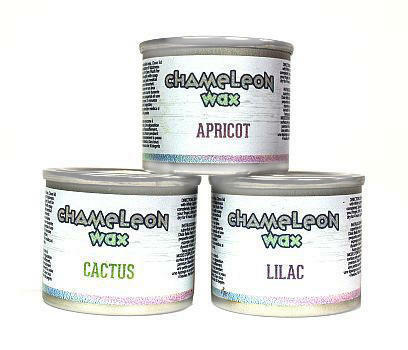 Dixie Belle Paint Chameleon Wax gives your furniture DIY project an iridescent glow and is sheer wax utilized to unveil the  highlight of your project!
Image shows the 3 containers and colors, which are Cactus, Lilac and apricot. of the  Chameleon Wax stacked on top of eachother on a white background.