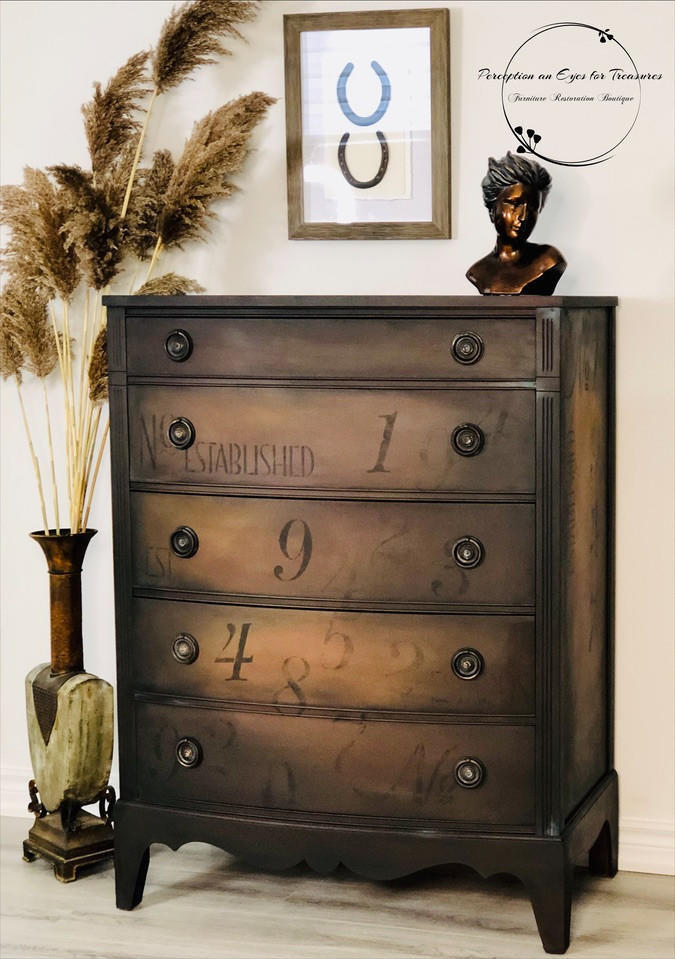 Dixie Belle Paint Chocolate Chalk Mineral Paint is the perfect paint for any DIY project!
Chest of drawers painted in Chocolate Chalk Mineral Paint with a bronze head statue on top.