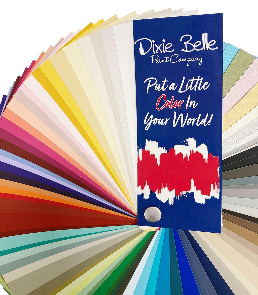 Dixie Belle Paint CMP Fan Deck.  Fan hold different color cards next to the piece of furniture you'd like to DIY furniture flip!  On the first card, it reads "Dixie Belle Paint Company, Put a little Color in your World"