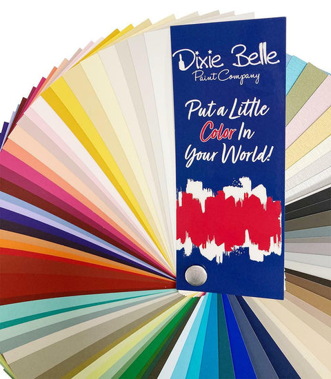 Dixie Belle Paint CMP Fan Deck.  Fan hold different color cards next to the piece of furniture you'd like to DIY furniture flip!  On the first card, it reads "Dixie Belle Paint Company, Put a little Color in your World"