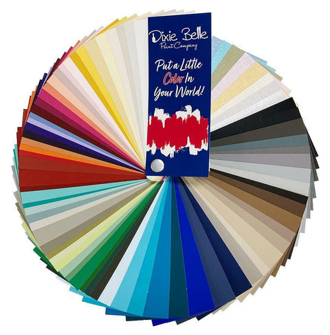 Dixie Belle Paint CMP Fan Deck.  This has every chalk mineral paint color.  Fan hold different color cards next to the piece of furniture you'd like to DIY furniture flip! On the first card, it reads "Dixie Belle Paint Company, Put a little Color in your World"