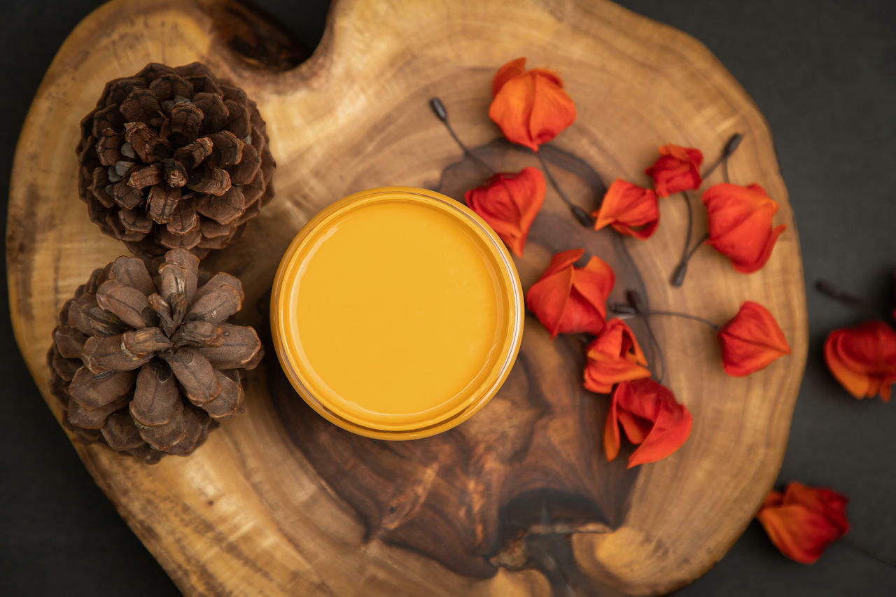 Dixie Belle Paint Colonel Mustard Chalk Mineral Paint is the perfect paint for any DIY project!
You are looking down on a can of Colonel Mustard so you can only see the paint inside.  The paint can is sitting on top of a large wood log.  On top of the log, next to the Colonel Mustard CMP are two pine cones to the left and to the right are orange flower pedals,  two has fallen to to the dark, wood floor.