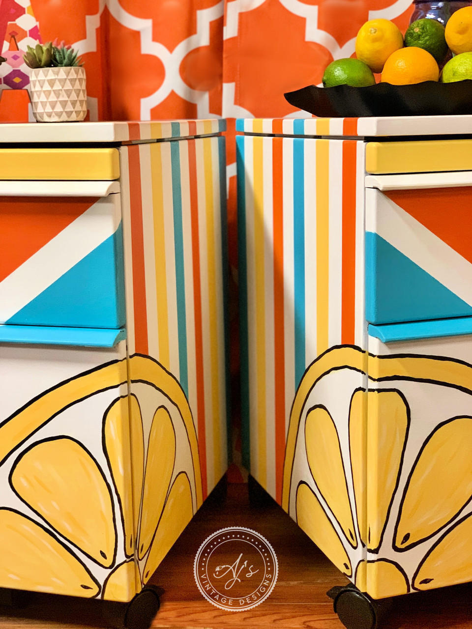 Dixie Belle Paint Daisy Chalk Mineral Paint is the perfect paint for any DIY project! Retro styled bedside tables with red, blue , white and daisy. There are also half a lemon on the front of each side table.