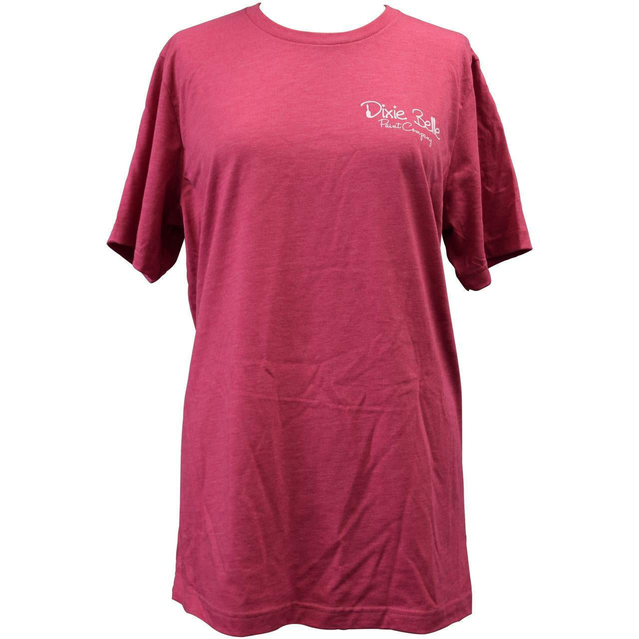 Dixie Belle Paint DBP T-Shirt.   This shows a cranberry, short sleeved t-shirt on a women's mannequin with a transparent background.