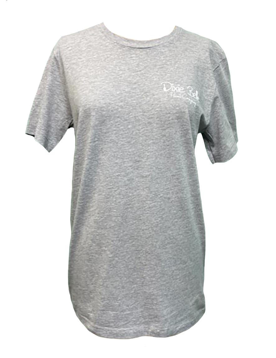 Dixie Belle Paint DBP T-Shirt.  This shows a gray, short sleeved t-shirt on a women's mannequin with a transparent background.