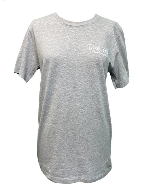 Dixie Belle Paint DBP T-Shirt.  This shows a gray, short sleeved t-shirt on a women's mannequin with a transparent background.