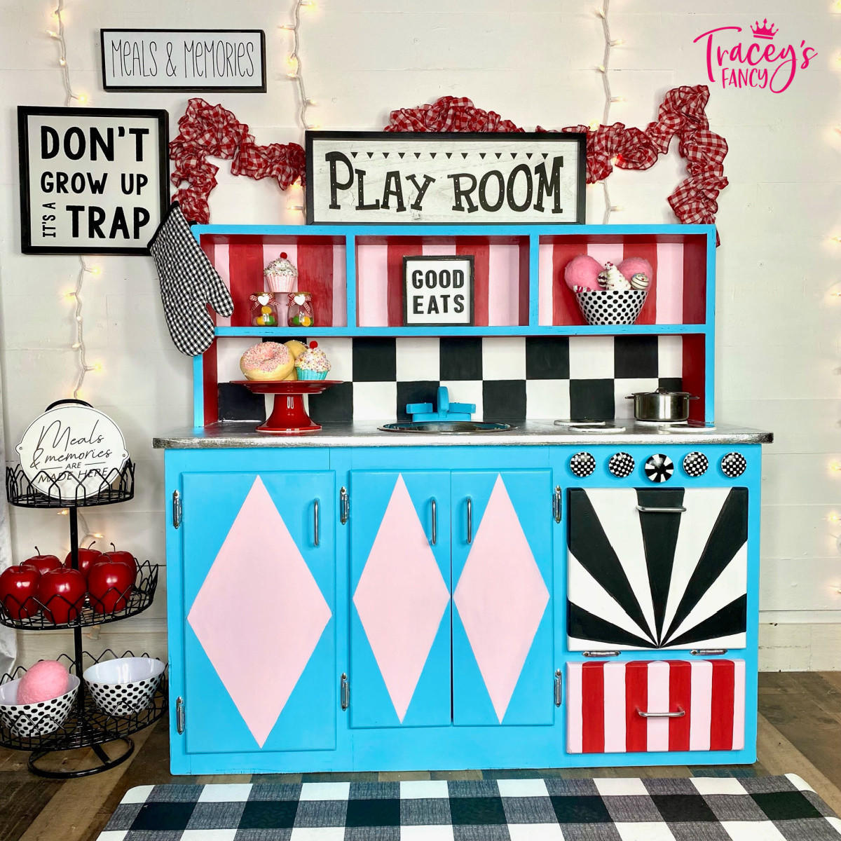 Dixie Belle Paint Dixie Belle Blue Chalk Mineral Paint is the perfect paint for any DIY project!
Kitchen play set painted in Dixie Belle Blue CMP with large pink diamonds on cabinet doors . Staged with food toys and toy kitchen gear.