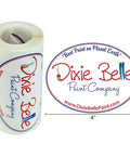 Dixie Belle Paint Dixie Belle Stickers 
Image of a roll of the Dixie Belle Stickers with measurments of a single sticker which reads 3" tall and 4" long.