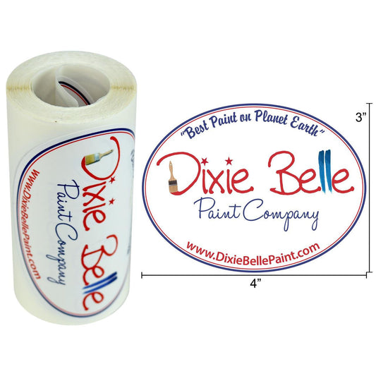 Dixie Belle Paint Dixie Belle Stickers 
Image of a roll of the Dixie Belle Stickers with measurments of a single sticker which reads 3" tall and 4" long.