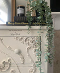 Dixie Belle Paint Dixie Dirt-4oz. 
Image shows corner of white dresser piece with Dixie Dirt on woodwork applique on drawers . Staged with two black books with a black candle on top of dresser with a plant pot with faux succulent plant hanging over everything above books.