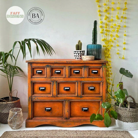 Dixie Belle Paint Florida Orange Chalk Mineral Paint is the perfect paint for any DIY project! An apothecary dresser chalk painted with Florida orange chalk paint and dark glaze.