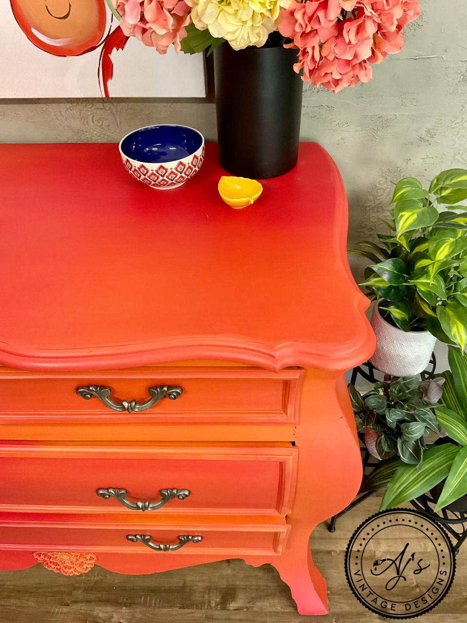 Dixie Belle Paint Florida Orange Chalk Mineral Paint is the perfect paint for any DIY project! An overhead shot of a orange chalk painted dresser painted with Florida Orange chalk paint.