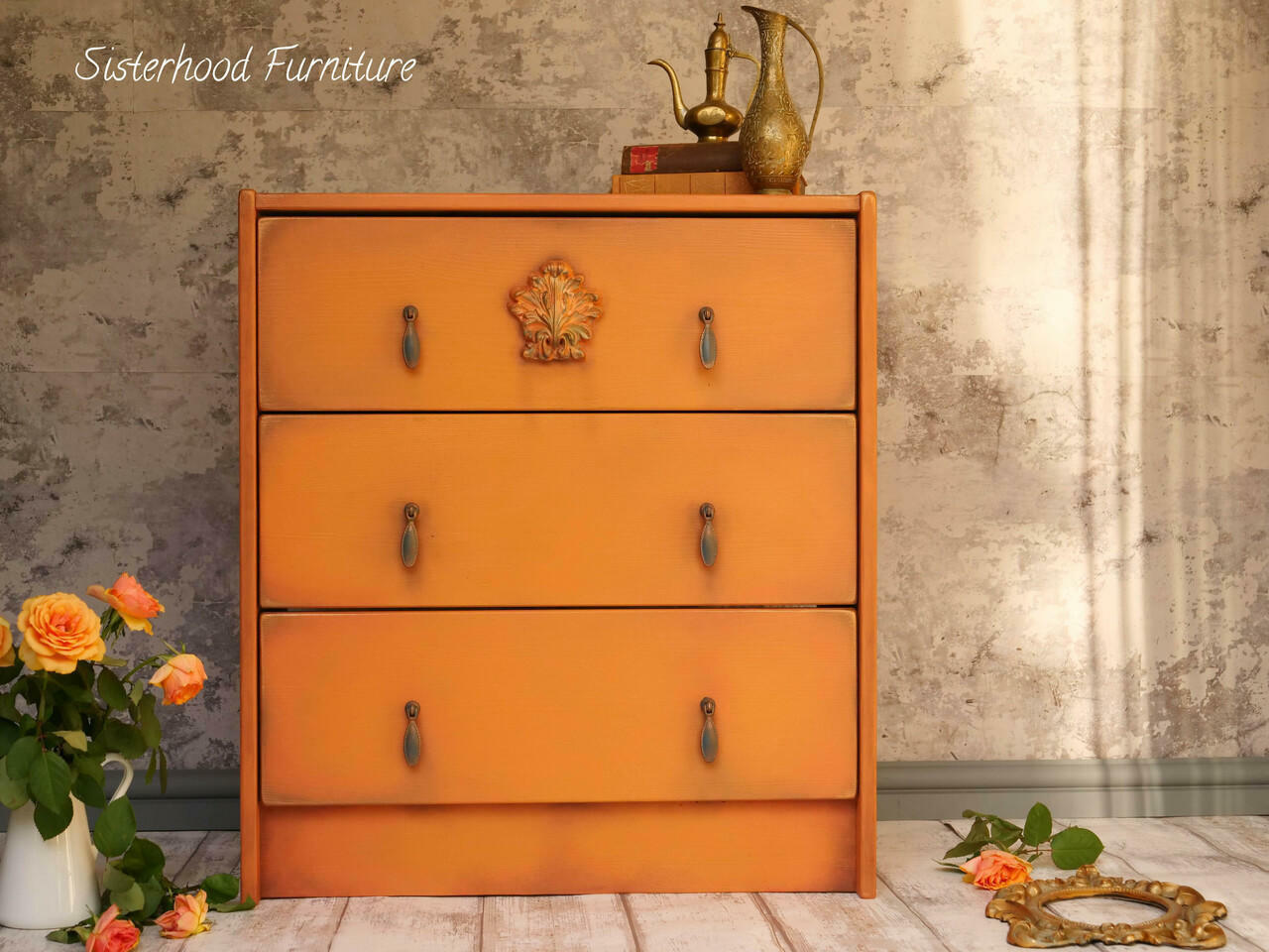 Dixie Belle Paint Florida Orange Chalk Mineral Paint is the perfect paint for any DIY project! A dresser chalk painted with Florida Orange chalk paint.