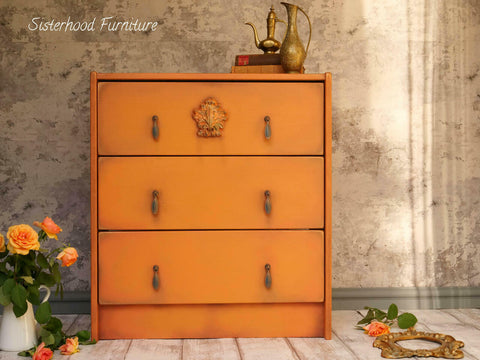 Dixie Belle Paint Florida Orange Chalk Mineral Paint is the perfect paint for any DIY project! A dresser chalk painted with Florida Orange chalk paint.