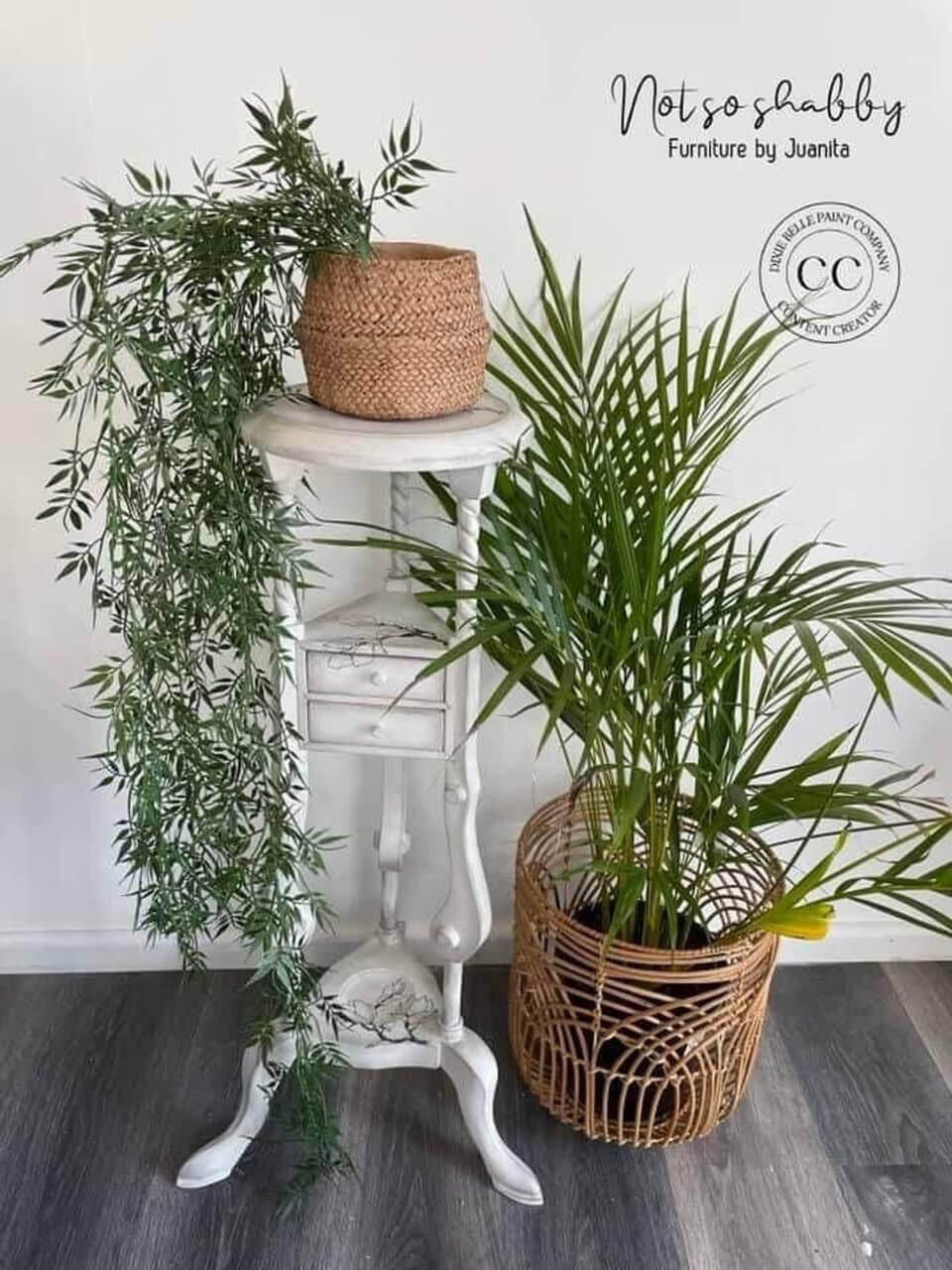 Dixie Belle Paint Fluff Chalk Mineral Paint  - best chalk paint for furniture. Plant stand chalk painted with Fluff chalk paint with green potted plant on top. Fluff is a serene, soft white with a slight gray undertone. Use Fluff for traditional or modern style projects.

You can also pair this paint color with a dark wax or glaze to create distressed farmhouse furniture. Fluff is a crisp color, perfect for any room in your home!