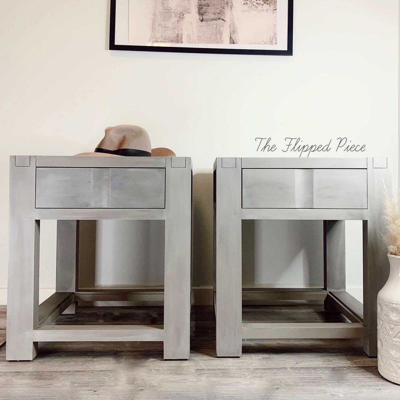 Dixie Belle Paint French Linen Chalk Mineral Paint is the perfect paint for any DIY project! 2 side tables chalk painted with French Linen. French Linen is a light taupe. With a warm and weathered mix of brown and gray, this gentle color  reflects light.

Use French Linen to create a polished and peaceful ambiance in any room of your home.