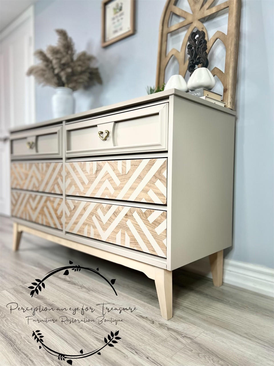 Dixie Belle Paint French Linen Chalk Mineral Paint A gorgeous sideboard chalk painted with French linen and then bottom half has a modern stenciled design.  French Linen is a light taupe. With a warm and weathered mix of brown and gray, this gentle color reflects light.

Use French Linen to create a polished and peaceful ambiance in any room of your home.